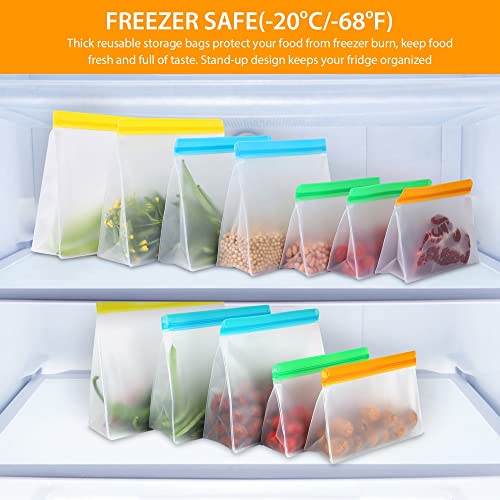 12 Pack Reusable Food Storage Bags, FDA Food Grade Ziplock Leak proof 4 Reusable Sandwich Bags 3 Gallon Bags 5 Snack Bags Easy Wash Eco-Friendly Freezer Safe Bags For Meat Fruit Vegetable