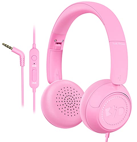 Link Dream Kids Headphones for School with Microphone Stereo On-Ear Folding 85/94dB Volume Control Child Headphones for Kids/Girls/iPad/Fire Tablet/PC/Travel, Pink