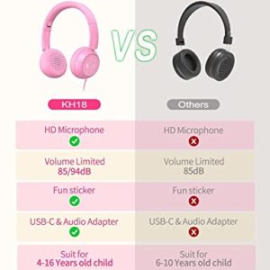 Link Dream Kids Headphones for School with Microphone Stereo On-Ear Folding 85/94dB Volume Control Child Headphones for Kids/Girls/iPad/Fire Tablet/PC/Travel, Pink