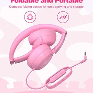 Link Dream Kids Headphones for School with Microphone Stereo On-Ear Folding 85/94dB Volume Control Child Headphones for Kids/Girls/iPad/Fire Tablet/PC/Travel, Pink