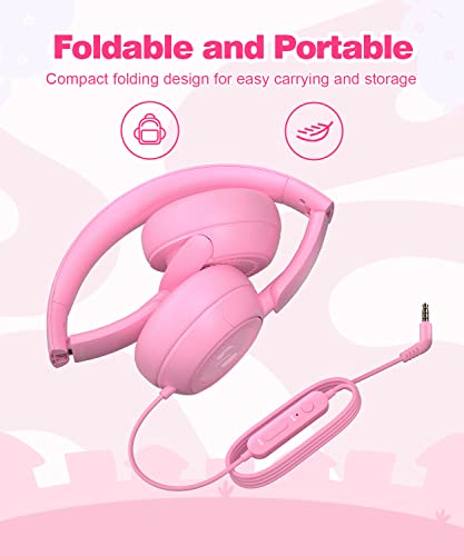 Link Dream Kids Headphones for School with Microphone Stereo On-Ear Folding 85/94dB Volume Control Child Headphones for Kids/Girls/iPad/Fire Tablet/PC/Travel, Pink