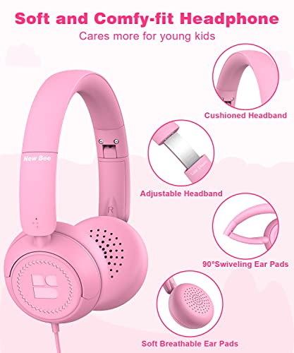 Link Dream Kids Headphones for School with Microphone Stereo On-Ear Folding 85/94dB Volume Control Child Headphones for Kids/Girls/iPad/Fire Tablet/PC/Travel, Pink