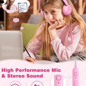 Link Dream Kids Headphones for School with Microphone Stereo On-Ear Folding 85/94dB Volume Control Child Headphones for Kids/Girls/iPad/Fire Tablet/PC/Travel, Pink