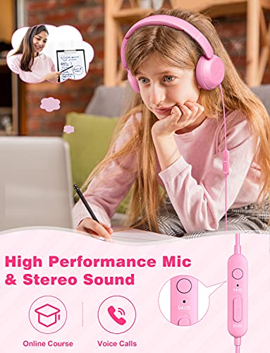 Link Dream Kids Headphones for School with Microphone Stereo On-Ear Folding 85/94dB Volume Control Child Headphones for Kids/Girls/iPad/Fire Tablet/PC/Travel, Pink