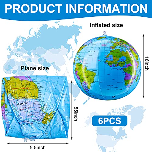 Globe Beach Ball Blow Up World Globe Inflatable Globe Beach Ball Earth Beach Ball Topographic Map Globes PVC Giant Globe Beach Ball for Kids School Classroom Geography Party Supplies (6 Pieces)