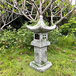 l-jtlym solar lights outdoor garden decor, led solar powered lighthouse, no need to connect, pagoda lantern garden statue, hand-carved, for tabletop,ground,patio,courtyard decoration, grey finish