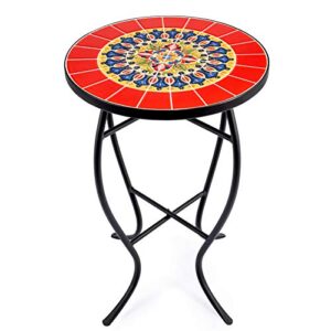 vonluce outdoor mosaic side table, 14 inch round accent table plant stand decor with ceramic tile top, patio end table for garden porch living room balcony deck porch pool, red