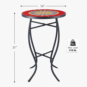 VONLUCE Outdoor Mosaic Side Table, 14 Inch Round Accent Table Plant Stand Decor with Ceramic Tile Top, Patio End Table for Garden Porch Living Room Balcony Deck Porch Pool, Red