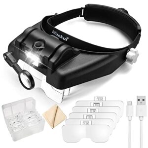 dilzekui head mount magnifying glass with light, rechargeable black headband magnifier, head-mounted magnifying glass with 6 detachable lens, hands free magnifying glasses for close work crafts repair