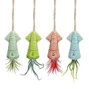 mimeela 4 pack air plant holder unique, cute squid air plant hanger wall planter, ceramic tillandsia airplants holders hanging wall decor for home office (squid-small (1.6 x 3.6 in))