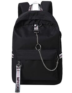 el-fmly fashion backpack with usb charging port for travel, lightweight school bookbags with cool letters strap for teenage girls & women (black+grey)