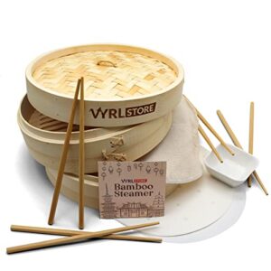 vyrl bamboo steamer 10 inch – 2 tier bamboo dumpling steamer, 4 pairs chopsticks, 1 sauce dish, 2 cotton and 30 paper liners – ideal for rice, dim sum, veggies, fish, meat and chinese asian cuisine