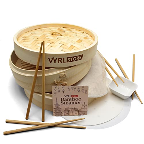 VYRL Bamboo Steamer 10 inch – 2 Tier Bamboo Dumpling Steamer, 4 Pairs Chopsticks, 1 Sauce Dish, 2 cotton and 30 paper liners – Ideal for Rice, Dim Sum, Veggies, Fish, Meat and Chinese Asian Cuisine