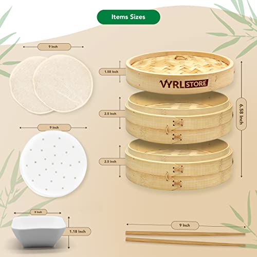 VYRL Bamboo Steamer 10 inch – 2 Tier Bamboo Dumpling Steamer, 4 Pairs Chopsticks, 1 Sauce Dish, 2 cotton and 30 paper liners – Ideal for Rice, Dim Sum, Veggies, Fish, Meat and Chinese Asian Cuisine