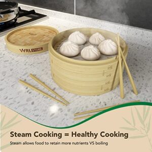 VYRL Bamboo Steamer 10 inch – 2 Tier Bamboo Dumpling Steamer, 4 Pairs Chopsticks, 1 Sauce Dish, 2 cotton and 30 paper liners – Ideal for Rice, Dim Sum, Veggies, Fish, Meat and Chinese Asian Cuisine