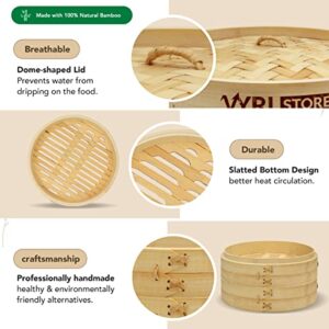 VYRL Bamboo Steamer 10 inch – 2 Tier Bamboo Dumpling Steamer, 4 Pairs Chopsticks, 1 Sauce Dish, 2 cotton and 30 paper liners – Ideal for Rice, Dim Sum, Veggies, Fish, Meat and Chinese Asian Cuisine