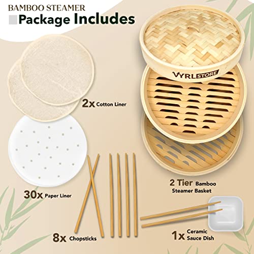 VYRL Bamboo Steamer 10 inch – 2 Tier Bamboo Dumpling Steamer, 4 Pairs Chopsticks, 1 Sauce Dish, 2 cotton and 30 paper liners – Ideal for Rice, Dim Sum, Veggies, Fish, Meat and Chinese Asian Cuisine