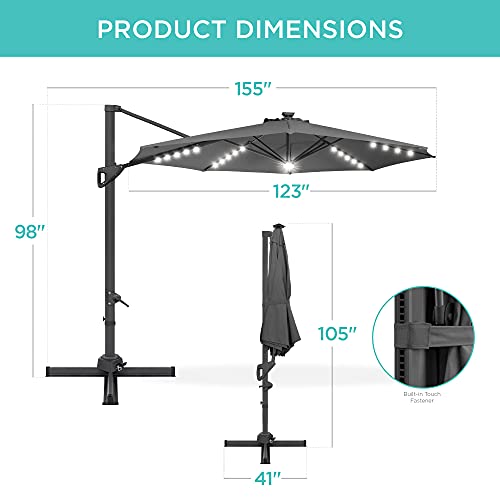 Best Choice Products 10ft Solar LED Cantilever Patio Umbrella, 360-Degree Rotation Hanging Offset Market Outdoor Sun Shade for Backyard, Deck, Poolside w/Lights, Easy Tilt, Cross Base - Gray