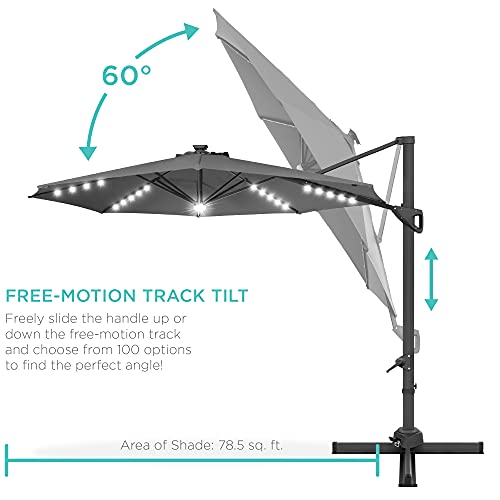 Best Choice Products 10ft Solar LED Cantilever Patio Umbrella, 360-Degree Rotation Hanging Offset Market Outdoor Sun Shade for Backyard, Deck, Poolside w/Lights, Easy Tilt, Cross Base - Gray