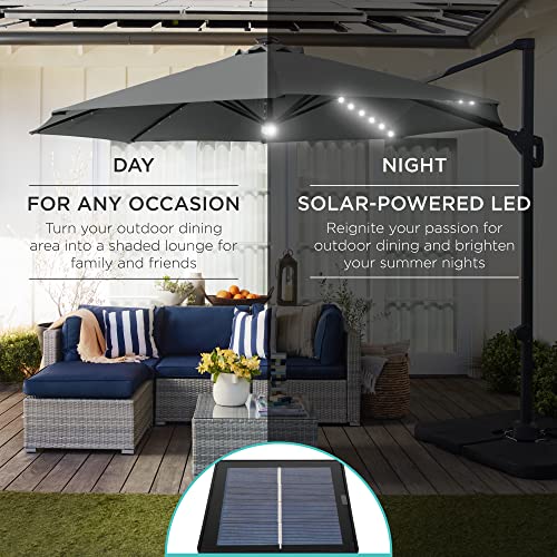 Best Choice Products 10ft Solar LED Cantilever Patio Umbrella, 360-Degree Rotation Hanging Offset Market Outdoor Sun Shade for Backyard, Deck, Poolside w/Lights, Easy Tilt, Cross Base - Gray