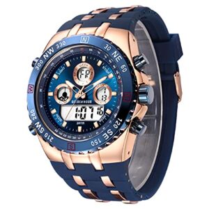 golden hour luxury military sports men's watches large size big face 3atm waterproof, stopwatch, date and date, alarm, luminous digital analog wrist watch with rubber band in rose gold blue