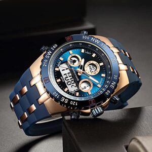 GOLDEN HOUR Luxury Military Sports Men's Watches Large Size Big Face 3ATM Waterproof, Stopwatch, Date and Date, Alarm, Luminous Digital Analog Wrist Watch with Rubber Band in Rose Gold Blue