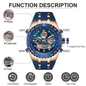 GOLDEN HOUR Luxury Military Sports Men's Watches Large Size Big Face 3ATM Waterproof, Stopwatch, Date and Date, Alarm, Luminous Digital Analog Wrist Watch with Rubber Band in Rose Gold Blue