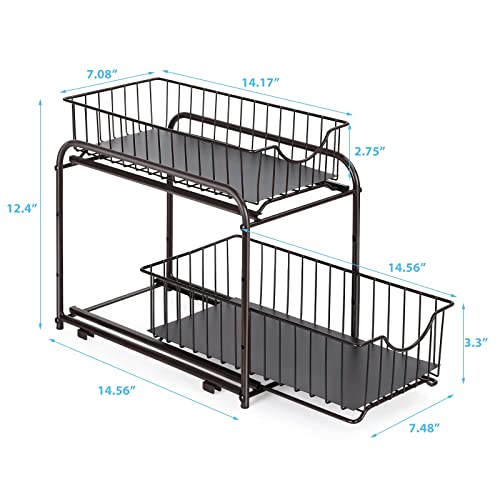 MOOACE 2 Pack Stackable 2-Tier Under Sink Cabinet Organizer with Sliding Storage Drawer, Sliding Basket Organizer for Kitchen, Bathroom, Pantry, Cabinet, Brown