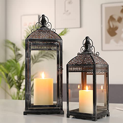 Set of 2 Outdoor Lantern 20”&14.5” High Vintage Lantern Decorative Metal Candle Holder with Tempered Glass for Fall Decor Garden Patio Living Room Indoor Home Yard Hallway Doorway(Grey)