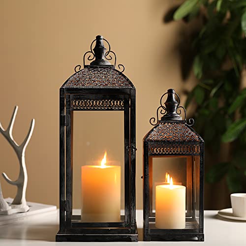 Set of 2 Outdoor Lantern 20”&14.5” High Vintage Lantern Decorative Metal Candle Holder with Tempered Glass for Fall Decor Garden Patio Living Room Indoor Home Yard Hallway Doorway(Grey)