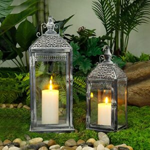 Set of 2 Outdoor Lantern 20”&14.5” High Vintage Lantern Decorative Metal Candle Holder with Tempered Glass for Fall Decor Garden Patio Living Room Indoor Home Yard Hallway Doorway(Grey)