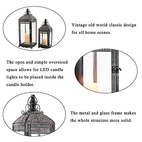 Set of 2 Outdoor Lantern 20”&14.5” High Vintage Lantern Decorative Metal Candle Holder with Tempered Glass for Fall Decor Garden Patio Living Room Indoor Home Yard Hallway Doorway(Grey)