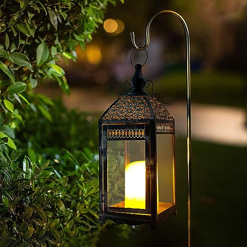 Set of 2 Outdoor Lantern 20”&14.5” High Vintage Lantern Decorative Metal Candle Holder with Tempered Glass for Fall Decor Garden Patio Living Room Indoor Home Yard Hallway Doorway(Grey)