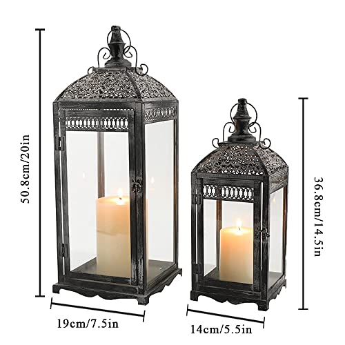 Set of 2 Outdoor Lantern 20”&14.5” High Vintage Lantern Decorative Metal Candle Holder with Tempered Glass for Fall Decor Garden Patio Living Room Indoor Home Yard Hallway Doorway(Grey)