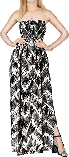 LA LEELA Women's Boho A line Slit Maxi Dress Smocked Top Evening Long Strapless Tube Dresses for Women One Size Kohl, Zig Zag