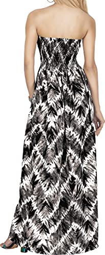 LA LEELA Women's Boho A line Slit Maxi Dress Smocked Top Evening Long Strapless Tube Dresses for Women One Size Kohl, Zig Zag