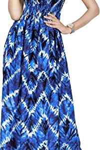 LA LEELA Women's Boho A line Smocked Strapless Dresses Evening Long Tube Top Slit Maxi Dress for Women One Size Azure, Zig Zag