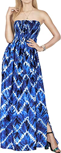 LA LEELA Women's Boho A line Smocked Strapless Dresses Evening Long Tube Top Slit Maxi Dress for Women One Size Azure, Zig Zag