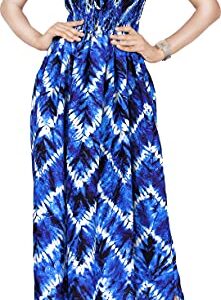 LA LEELA Women's Boho A line Smocked Strapless Dresses Evening Long Tube Top Slit Maxi Dress for Women One Size Azure, Zig Zag