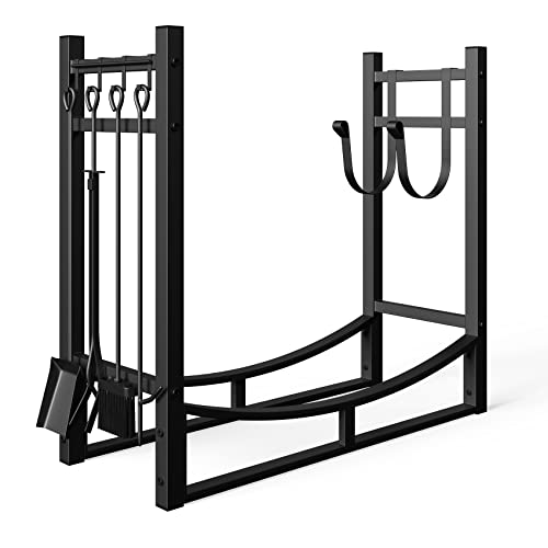 Mr IRONSTONE 34in Firewood Rack Fireplace Tools Rack Indoor Fire Wood Racks Outdoor Firewood Rack Heavy Duty Firewood Holder,Fireplace Accessories,Fireplace w/Kindling Holder,Shovel,Poker,Tongs,Broom