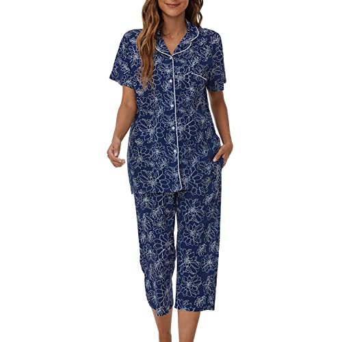 Tugege Capri Pajamas Set Womens Button Down Short Sleeve Lounge Sets Sleepwear Notch Collar Top & Capri 2 Piece PJ Sets