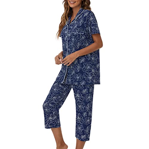 Tugege Capri Pajamas Set Womens Button Down Short Sleeve Lounge Sets Sleepwear Notch Collar Top & Capri 2 Piece PJ Sets