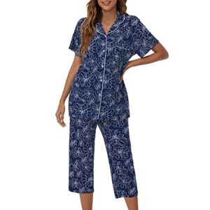 Tugege Capri Pajamas Set Womens Button Down Short Sleeve Lounge Sets Sleepwear Notch Collar Top & Capri 2 Piece PJ Sets