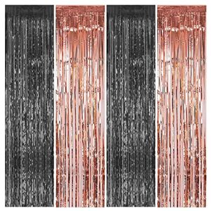 4 packs 2 black and 2 rose gold foil fringe curtains, 3.2 ft x 8.2 ft tinsel curtains with adhesive, photo booth backdrop for birthday, graduation party decorations (black and rose gold, 4pcs)