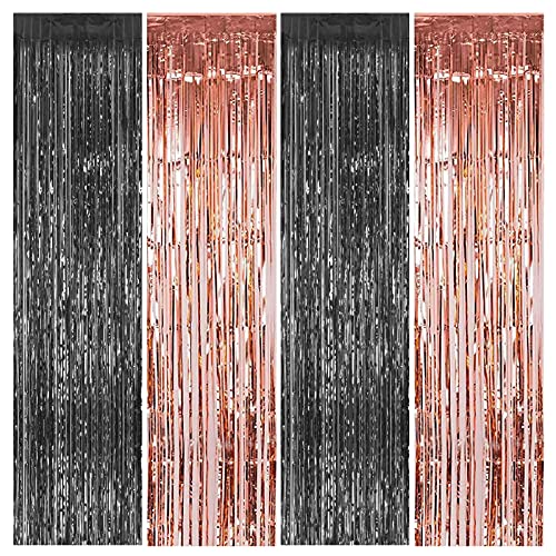 4 Packs 2 Black and 2 Rose Gold Foil Fringe Curtains, 3.2 ft x 8.2 ft Tinsel Curtains with Adhesive, Photo Booth Backdrop for Birthday, Graduation Party Decorations (Black and Rose Gold, 4pcs)