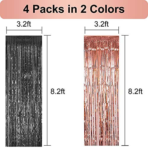 4 Packs 2 Black and 2 Rose Gold Foil Fringe Curtains, 3.2 ft x 8.2 ft Tinsel Curtains with Adhesive, Photo Booth Backdrop for Birthday, Graduation Party Decorations (Black and Rose Gold, 4pcs)