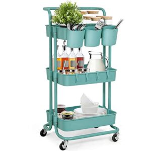 e&d furniture 3 tier rolling storage cart with wheels, utility art craft supply cart organizer on wheels, multipurpose adjustable makeup cart hair salon trolley with handle & hanging cups blue