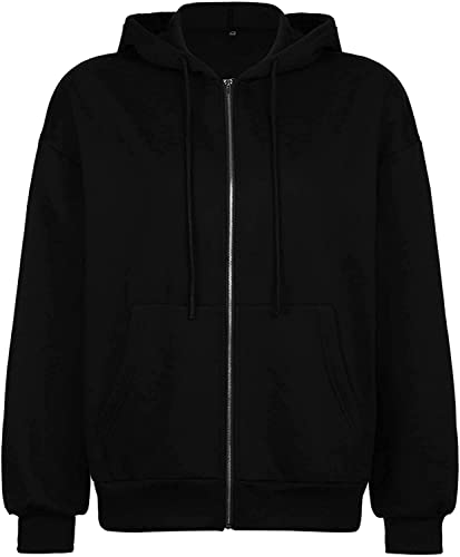 Trendy Queen Hoodies for Women Fall Clothes 2023 Zip up Oversized Sweatshirt Fleece Jackets Long Sleeve Comfy Winter Clothes Teen Girls Fashion Cute Y2K Clothing Black