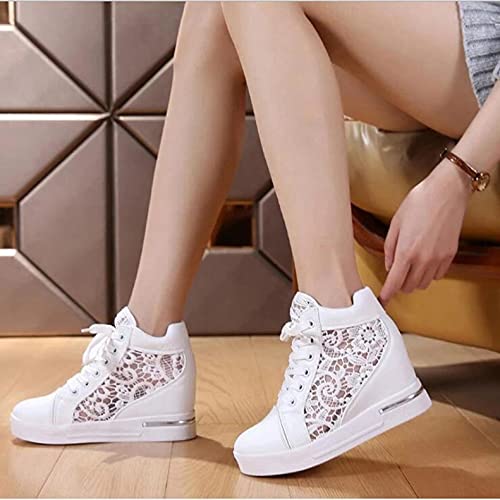 Hbeylia Platform Hidden Heels Fashion Sneakers For Women Fashion Lace Crochet Lace Up Chunky Bottom High Heels High Top Skateboard Canvas Shoes Casual Leather Walking Slip On Loafers Work Shoes