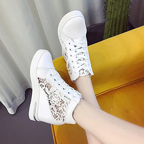 Hbeylia Platform Hidden Heels Fashion Sneakers For Women Fashion Lace Crochet Lace Up Chunky Bottom High Heels High Top Skateboard Canvas Shoes Casual Leather Walking Slip On Loafers Work Shoes